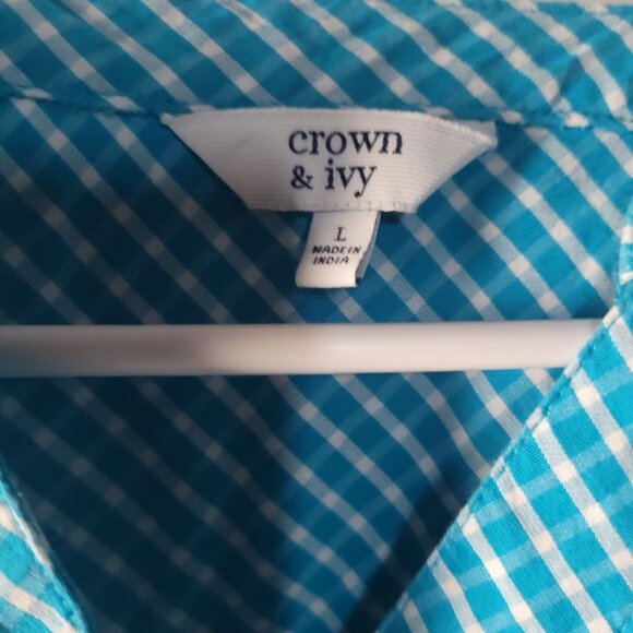 Crown & Ivy Womens Large Blue & White Summer Long Sleeve Top Blouse Shirt - Picture 2 of 3